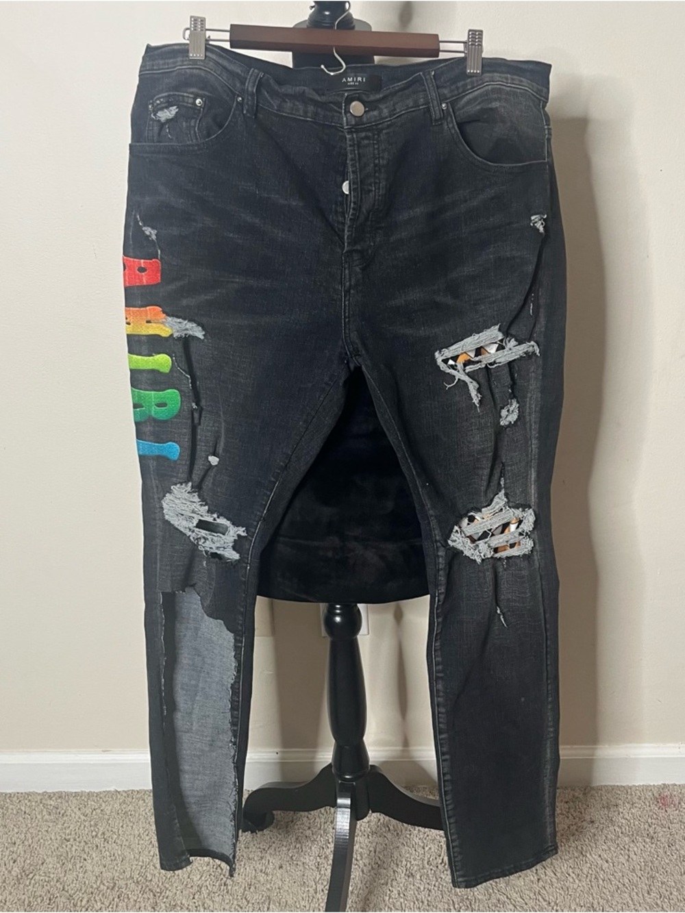 Amiri Men’s Black Distressed Rainbow Pride Button Fly Stretch Denim Jeans 40
